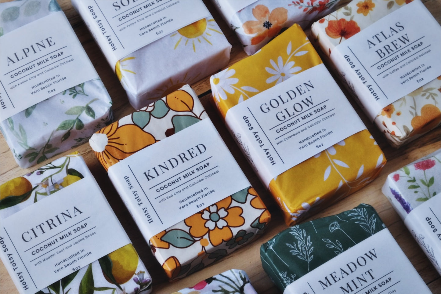 10 bars of coconut milk soaps makes up our complete, all-natural line of soap. Each bar uniquely crafted with essential oils and colorants from the earth. All soaps come wrapped in beautiful paper and labeled with a cigar band.