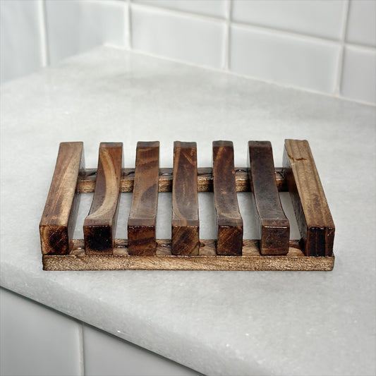 Simple brown slotted bamboo soap dish to keep soap 'high and dry'