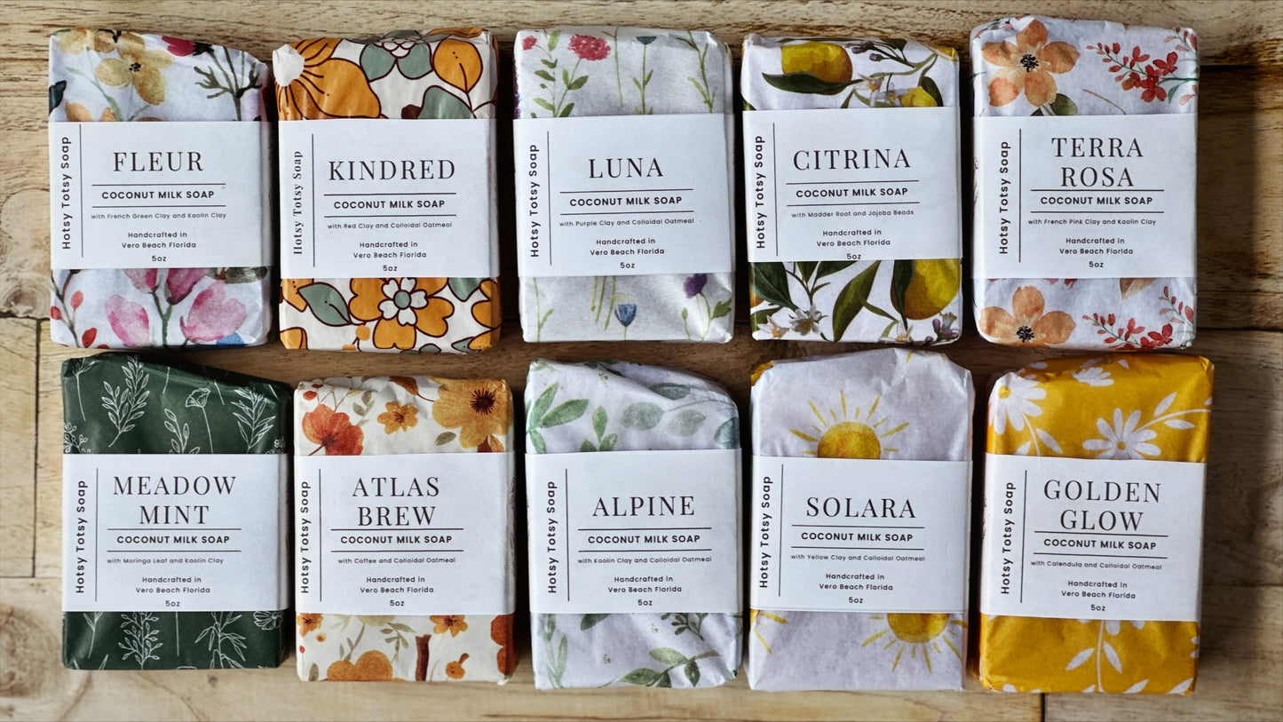 10 bars of coconut milk soaps makes up our complete, all-natural line of soap. Each bar uniquely crafted with essential oils and colorants from the earth. All soaps come wrapped in beautiful paper and labeled with a cigar band. 