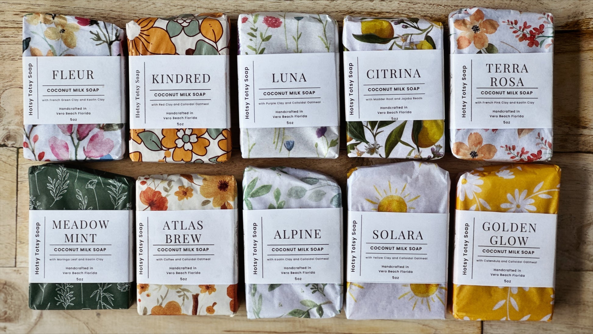 10 bars of coconut milk soaps makes up our complete, all-natural line of soap. Each bar uniquely crafted with essential oils and colorants from the earth. All soaps come wrapped in beautiful paper and labeled with a cigar band. 