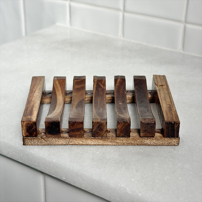 Simple brown slotted bamboo soap dish to keep soap 'high and dry'